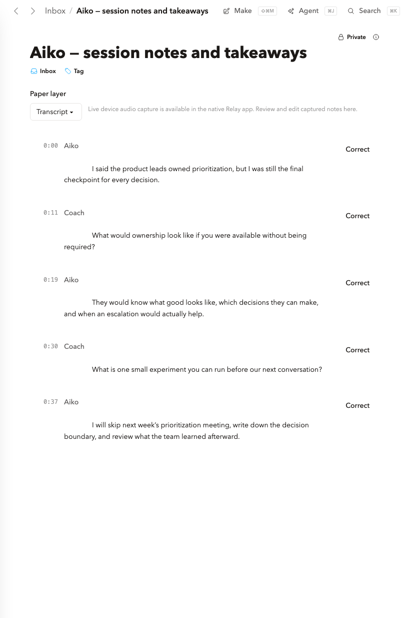Relay coaching transcript review and correction