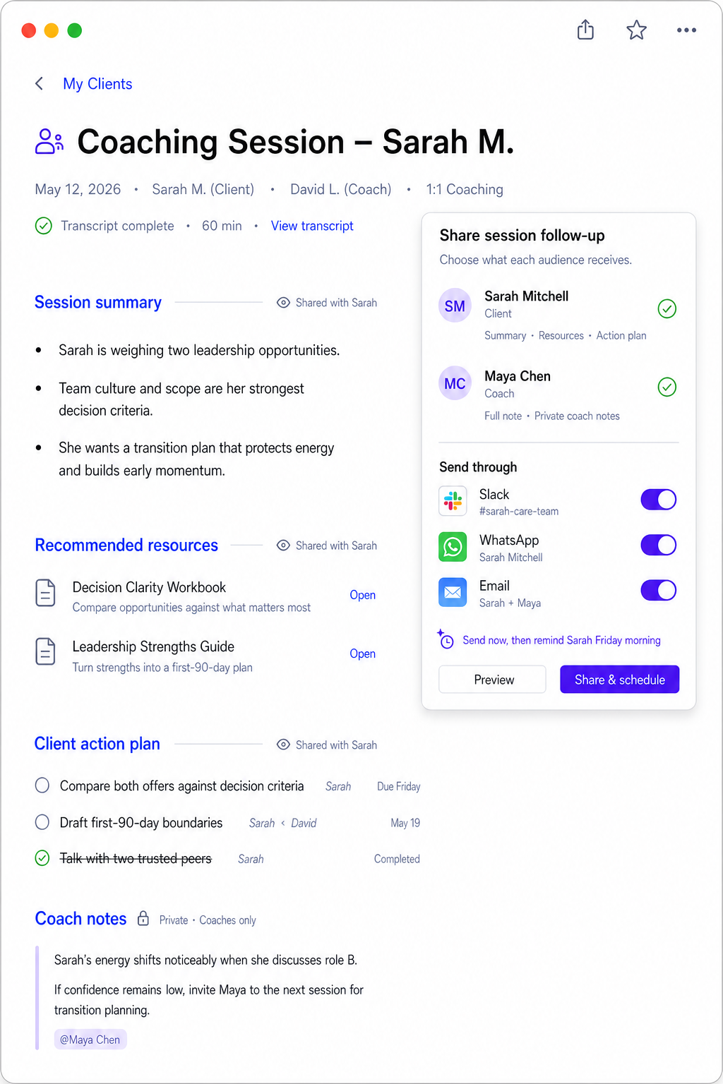Relay coaching follow-up sharing controls