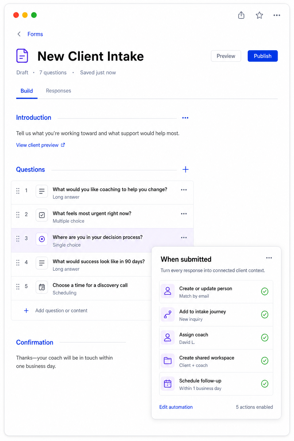 Relay connected client intake form builder