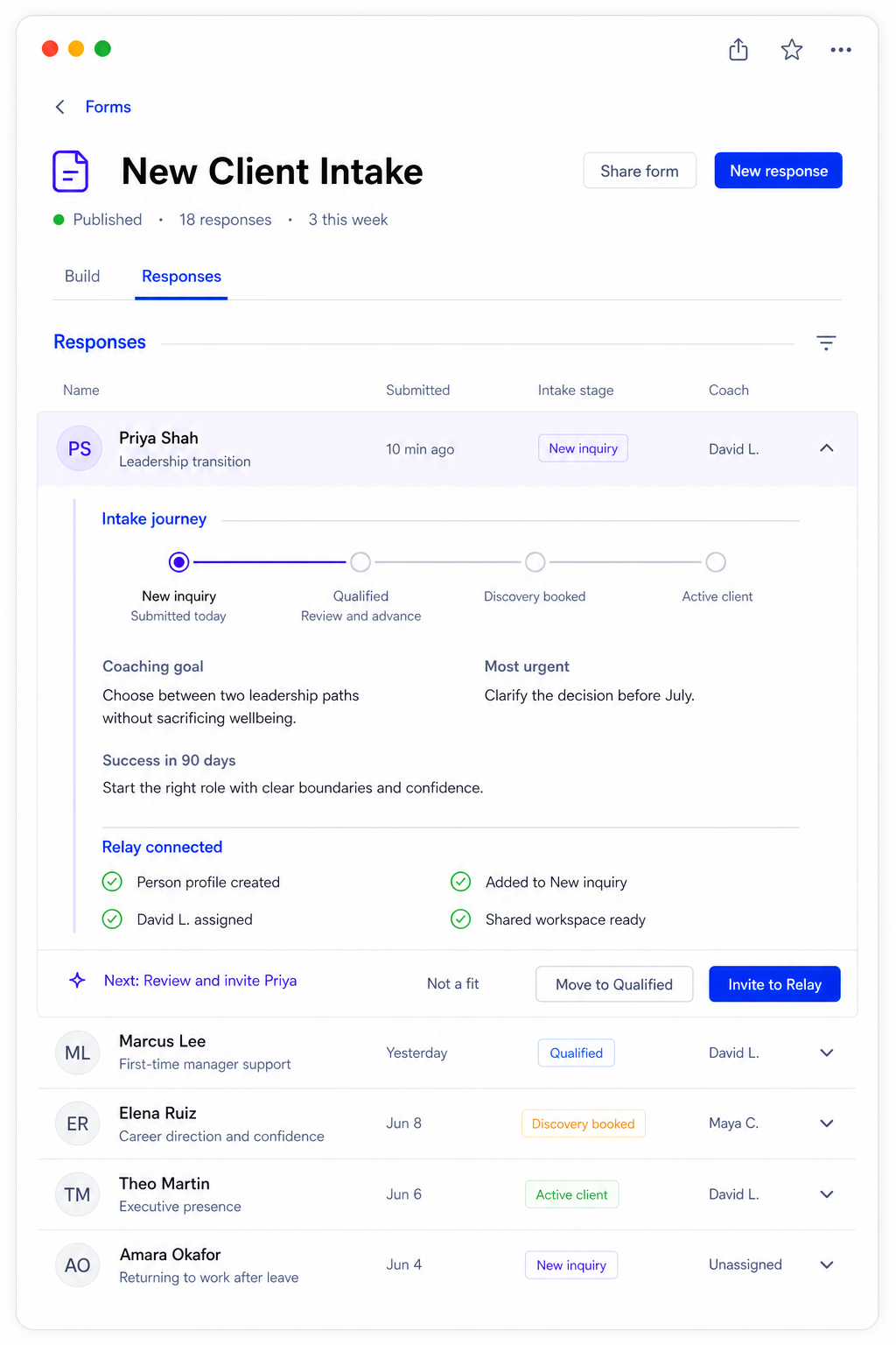 Relay connected client intake responses