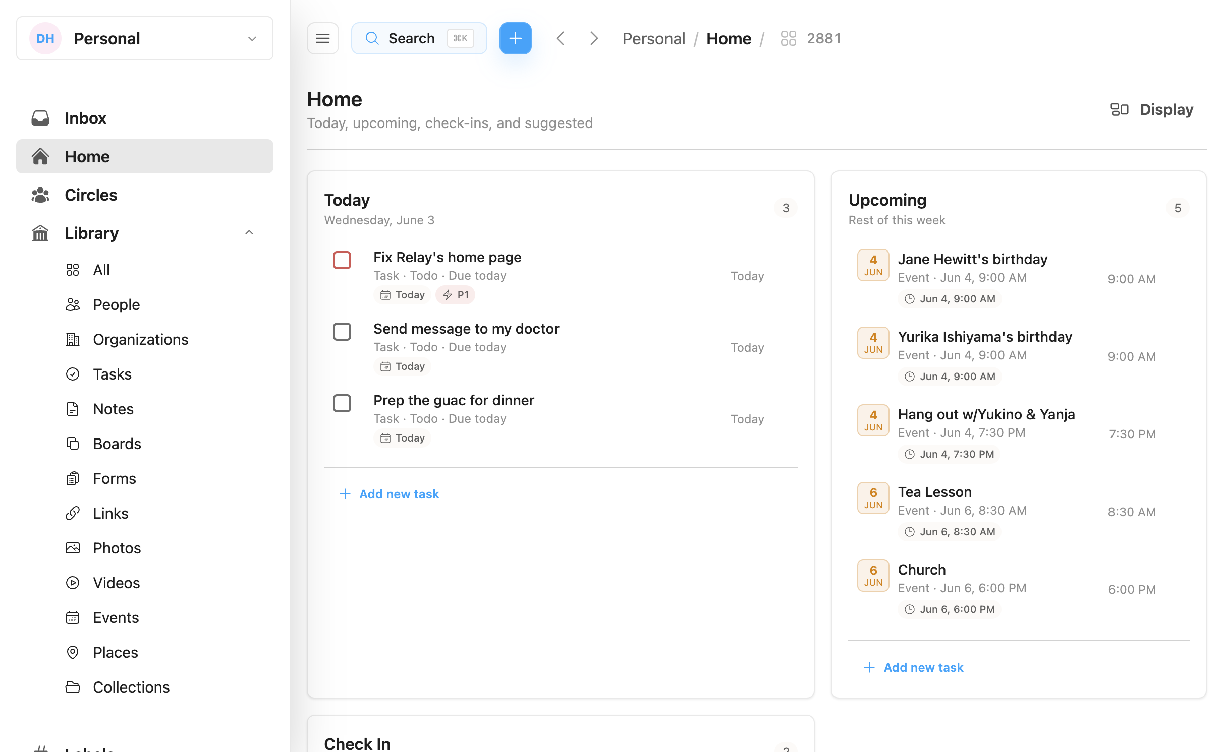 Relay Home dashboard with daily tasks, upcoming work, and people to check in with