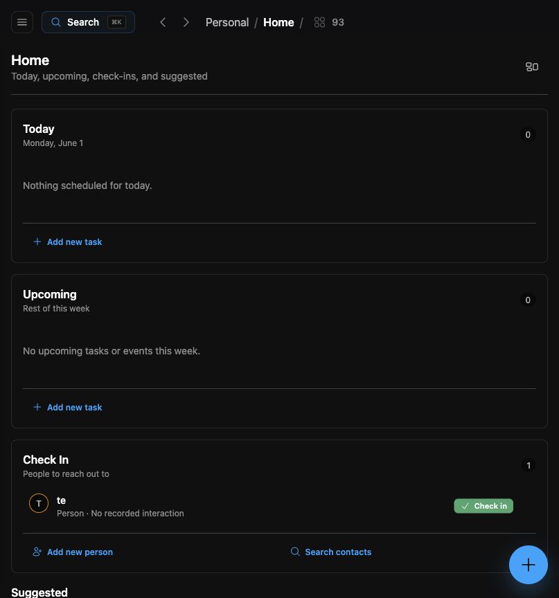 Relay home dashboard with suggestions and relationship attention feed