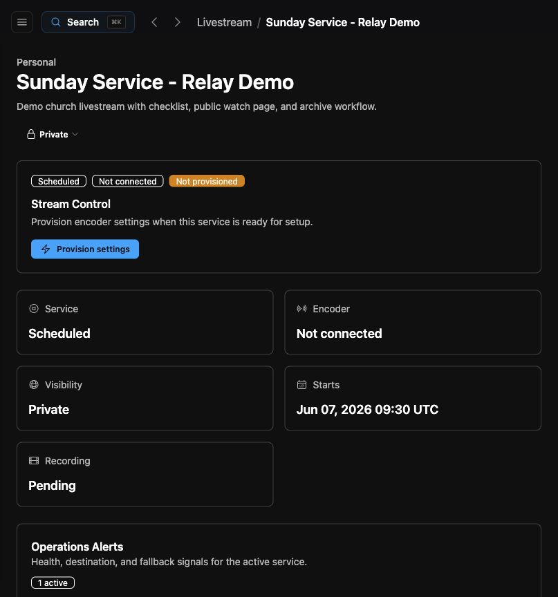 Relay livestream operations page with stream controls and destinations